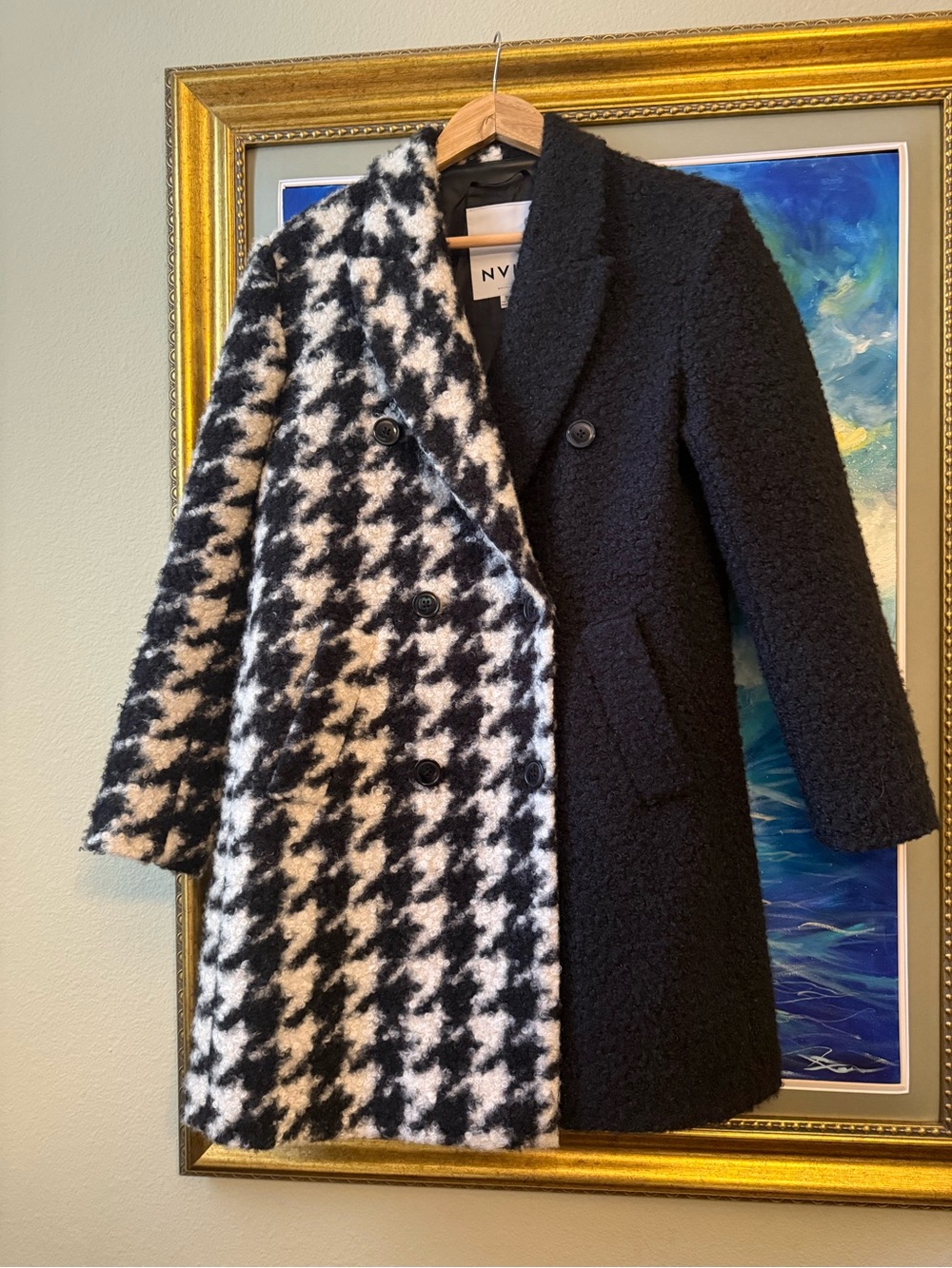 NVLT Black and White Houndstooth Double-Breasted Pea Coat